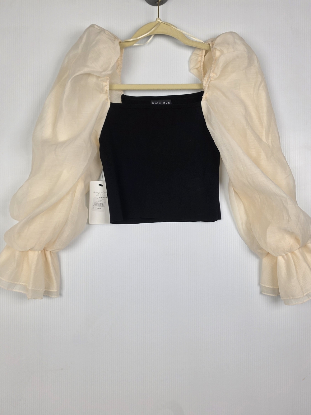 Miou Muse Black Crop Top with Sheer Puff Cream Sleeves